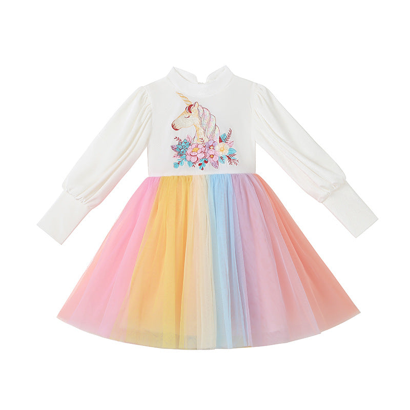 Autumn Winter Long Sleeve Kid Baby Girls Unicorn Rainbow Mesh Dress