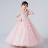 Kid Girls Gauze Sleeve Sequined Fluffy  Flower Sweet Princess Show Dresses