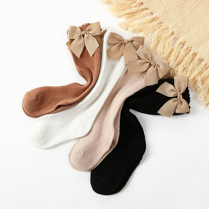 Cute Girl Knee Cotton Breathable Soft Solid Big Bow Long Socks
