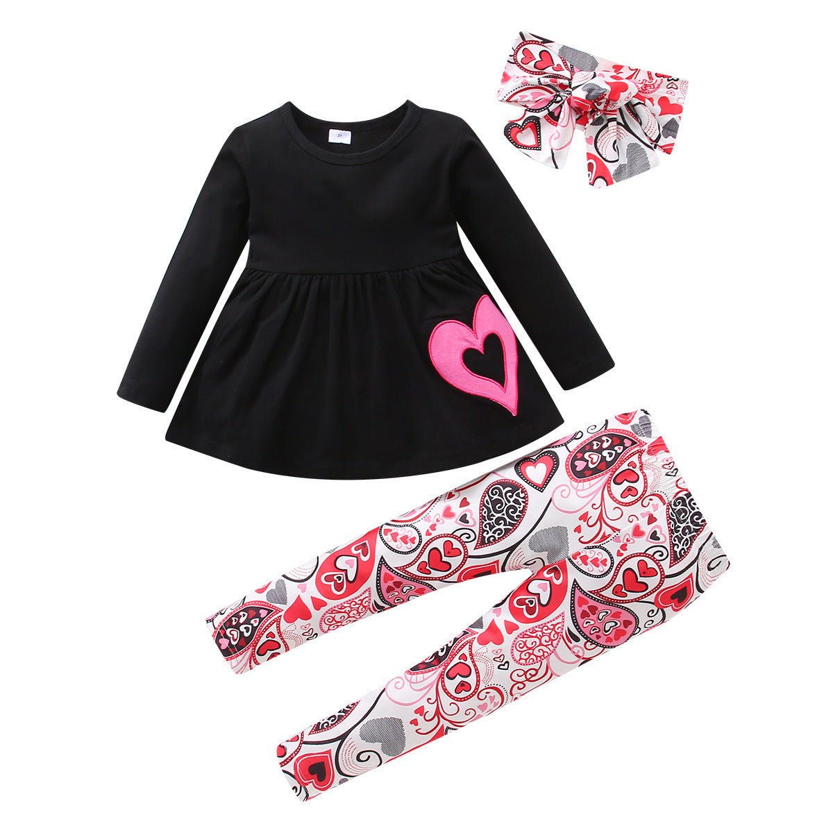 Kid Baby Girl Valentine's Day Set Embroidered Long Sleeve 3 Pcs Sets