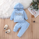 Baby Boy Girl Suit Plaid Hooded Solid Color 2 Pcs Sets