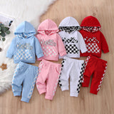 Baby Boy Girl Suit Plaid Hooded Solid Color 2 Pcs Sets