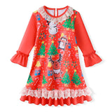 Kid Girl Long-sleeved Christmas Printed Flared Sleeves Flower Dress