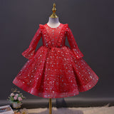 Kid Girl Long Sleeve Wedding Princess Pompadour Stage Performance Dresses