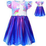 Kid Baby Girl Rainbow Pony Read Unicorn Purple Flysleeve Dresses
