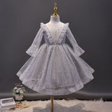 Kid Girl Long Sleeve Wedding Princess Pompadour Stage Performance Dresses