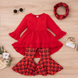 Girl Suit Valentine's Day Solid Color Top Plaid Heart Flared Set 2 Pcs