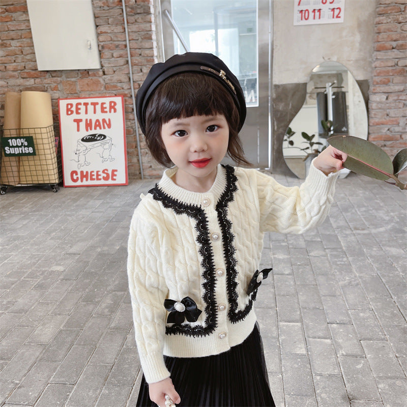 【6M-5T】Kid Baby Girl Lace Pearl Single-breasted Winter Sweater
