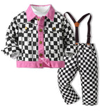 Kid Baby Boy Checkered Long Sleeve Lapel Cardigan 2 Pcs Sets