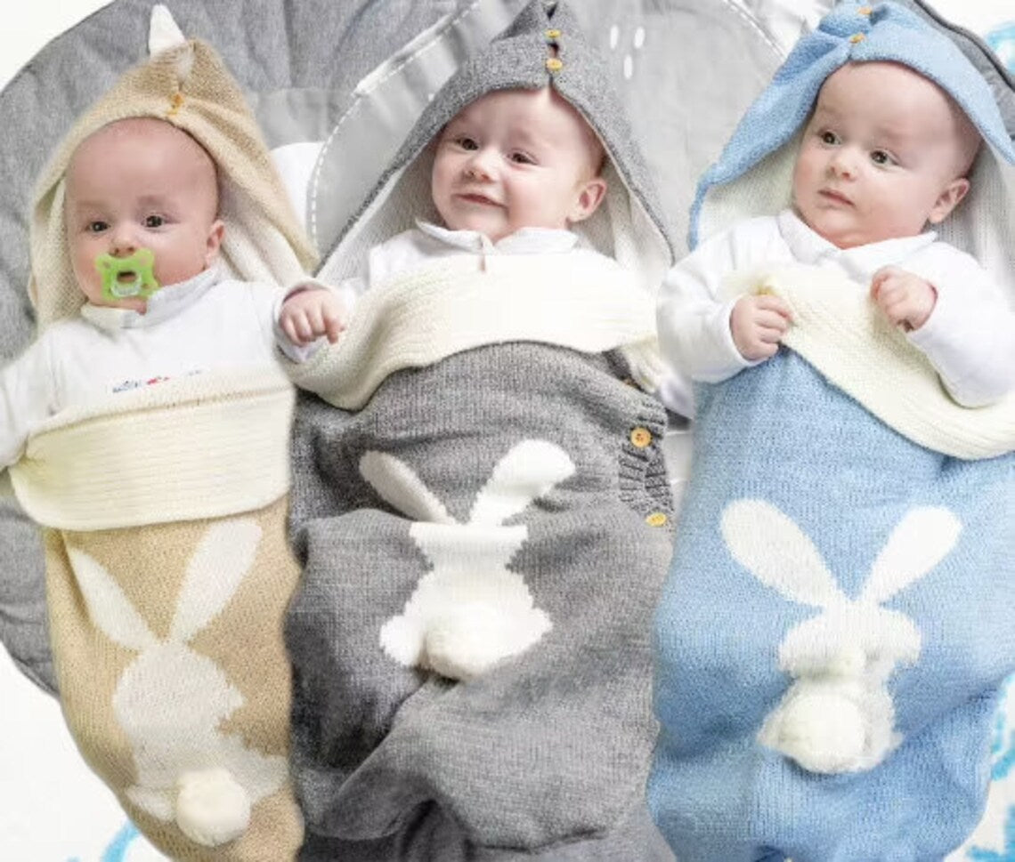 Solid Color Baby Knit Rabbit Button Sleeping Outdoor Cart Wool Pajamas