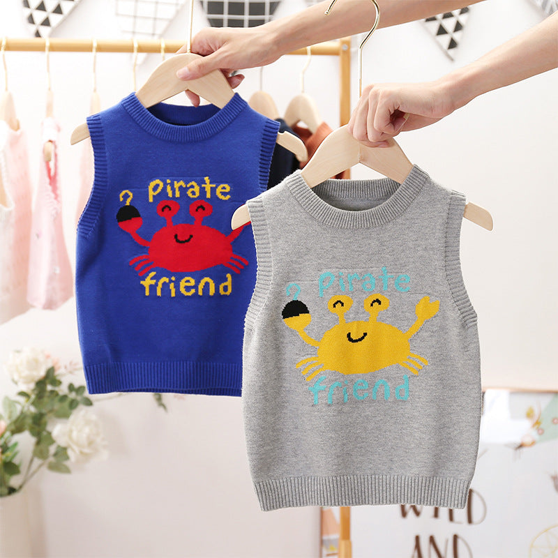 Kid Baby Girl Vest Round Neck Jacquard Knit Pure Cotton Sweater