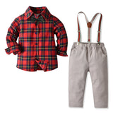 Kid Baby Boy Suit Long Sleeve Cotton Plaid Suspenders Formal 2 Pcs Sets