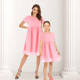 Family Matching Mother Daughter Round Collar Short Sleeves Lovely Dresses