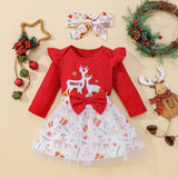 Baby Girl Christmas Elk Print Fart Bow Gauze 2 Pcs Sets