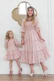 Family Matching Mother Daughter Floral Digital Print Pleated Square Dresses