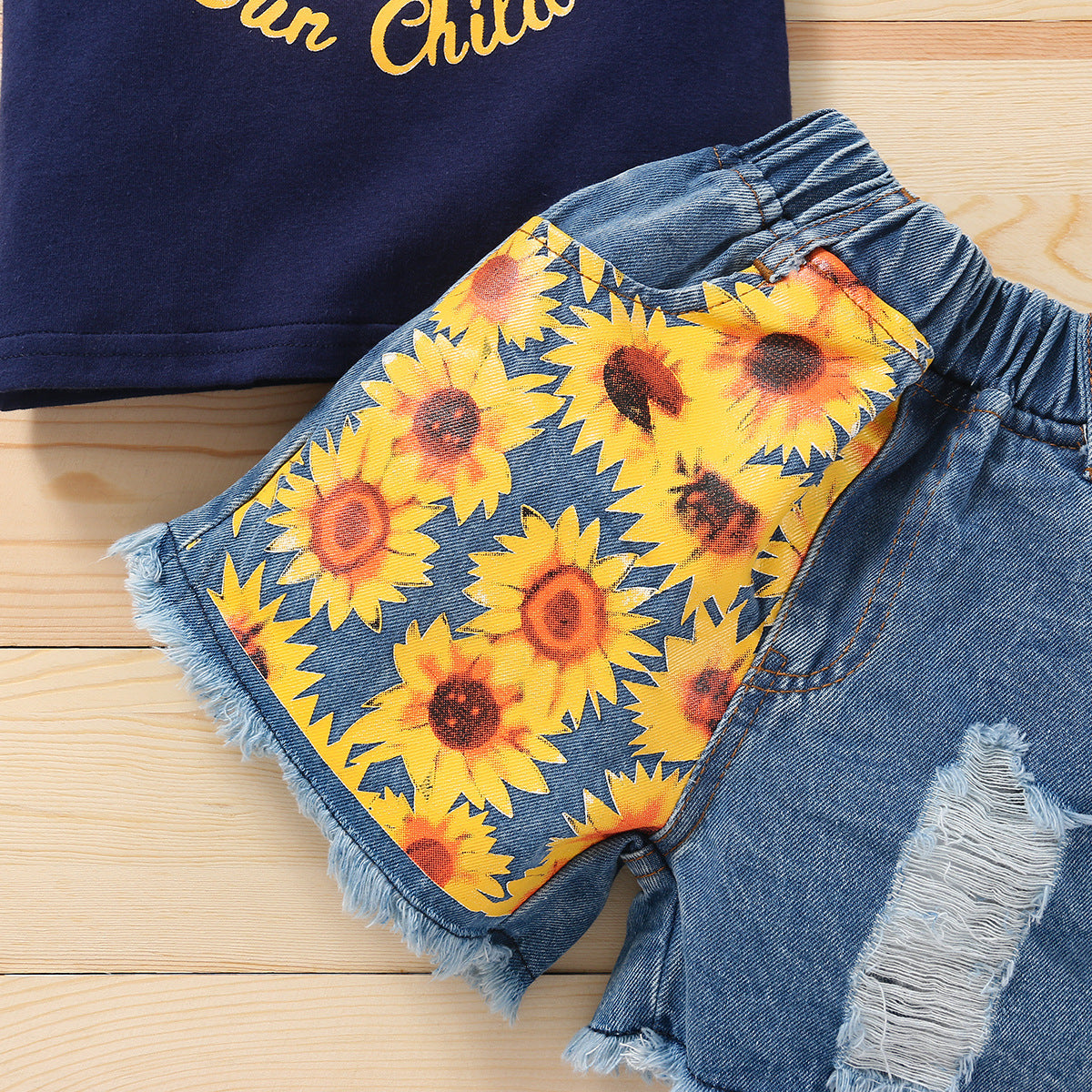 Kid Baby Girl Printed Short Sleeve Sunflower Jeans 2 Pcs Sets