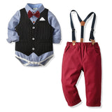 Baby Boy Triangle Crawling Suit  Long Sleeve Suspenders 4 Pcs Set