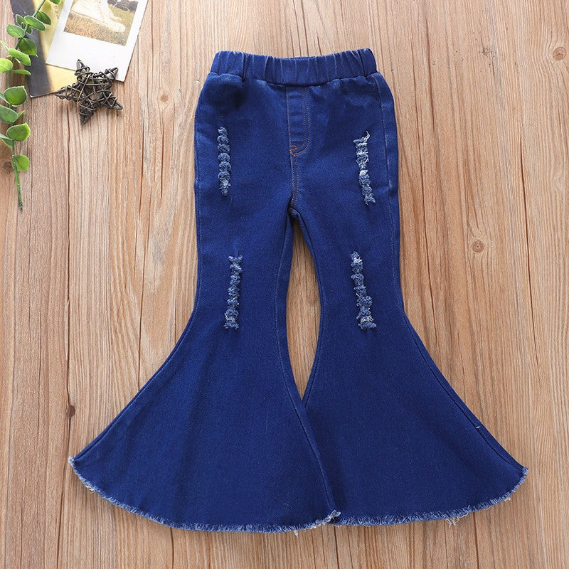 Kids Baby Girls Denim Trousers Ripped Jeans Flare Bell Bottom Trousers