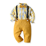 Kid Baby Boy Suit Long Sleeve Plaid Lapel Bowtie Suspenders 2 Pcs Sets