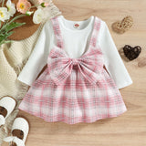 Kid Baby Girls Princess Long Sleeve Bow Plaid Suspender 2 Pcs Sets