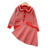 Kid Baby Girl Plaid Lapel Fragrant Knitting Sweater 2 Pcs Sets