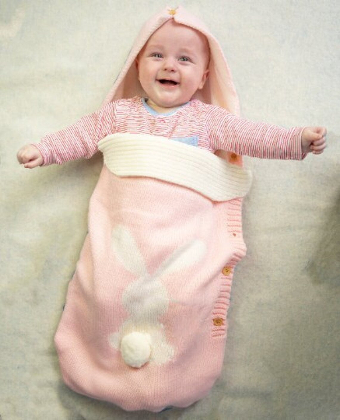 Solid Color Baby Knit Rabbit Button Sleeping Outdoor Cart Wool Pajamas