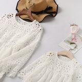 Family Matching Summer Sexy Lace Round Collar Flounces Quarter Sleeve Dresses