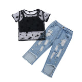 Kid Baby Girl Suit Summer Short Sleeve Lace Hollowed-out Jeans 2 Pcs Sets