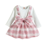 Kid Baby Girls Princess Long Sleeve Bow Plaid Suspender 2 Pcs Sets