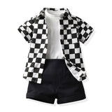 Kid Baby Suit Plaid Short Sleeve Cotton Cardigan 3 Pcs Sets