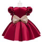 Kid Girl Princess Bubble Sleeve Bow Dress