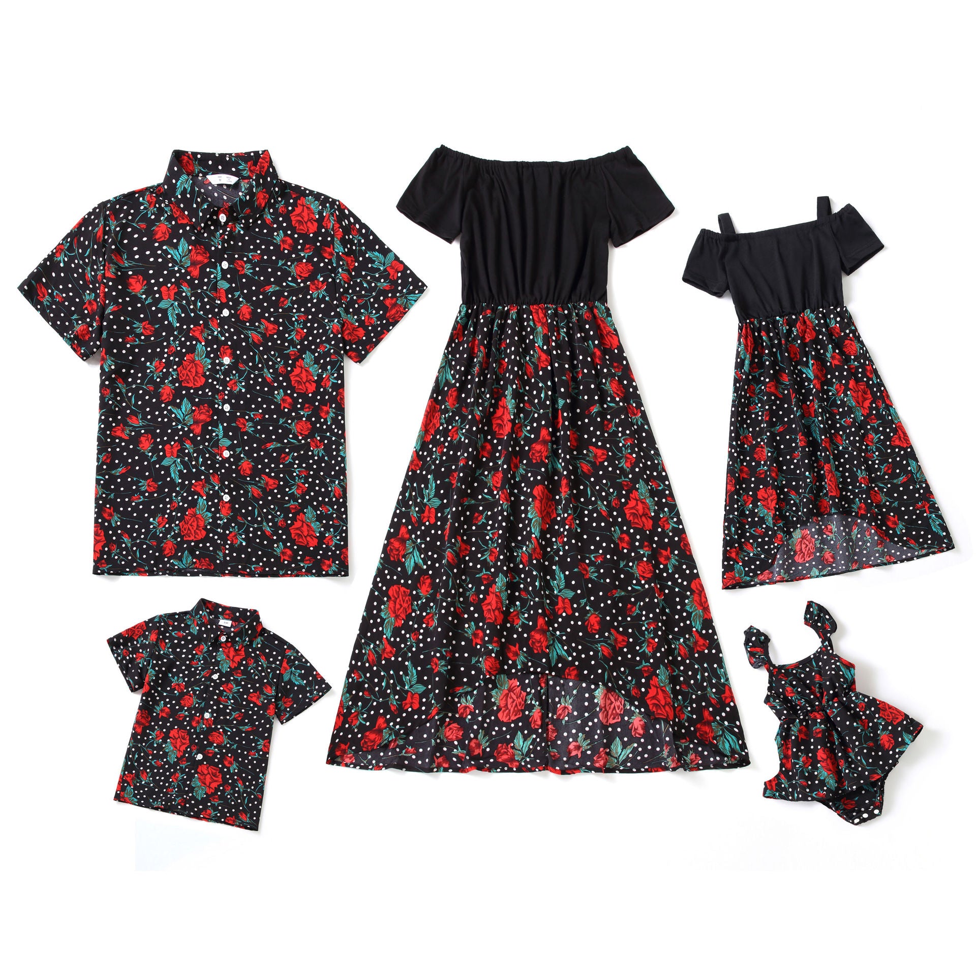 Family Matching Printed Flowers One Shoulder Shirts Tops Dresses
