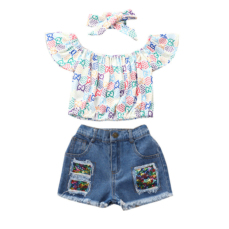 Kid Baby Girls Printed One-shoulder Jean Shorts 2 Pcs Sets