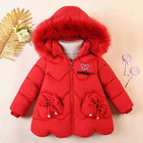 Girls Jacket Thick Keep Warm Detachable  Wool Collar Down Padded Hooded Coat