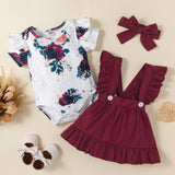 Baby Girl Flower Printed Short Sleeve Strap 3 Pcs Sets