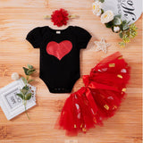 Baby Girl Valentine Spring Love Short Sleeve Sequins Gauze 3 Pcs Set