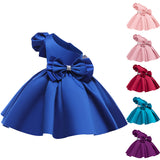 Kid Baby Girl Oblique Shoulder Bubble Sleeve Double Layer Bow Princess Dresses