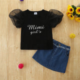 Kid Baby Girl Summer Fashion Mesh Puff Sleeve Letter Denim Sets 2pcs