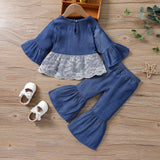 Kid Baby Girl Suit Autumn Solid Flared Sleeve Lace Bell 2 Pcs Sets