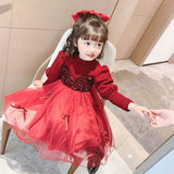 Kid Baby Girl Winter Red Paneled Fake Bow Princess Dress