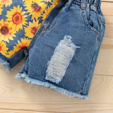 Kid Baby Girl Printed Short Sleeve Sunflower Jeans 2 Pcs Sets