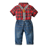 Baby Boys Summer Suit  Short Sleeve Strap Jeans Plaid 3 Pcs Sets