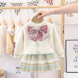 Kid Baby Girl Sweater Bow-tie Plaid Autumn 2 Pcs Sets