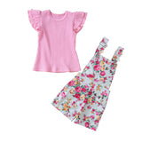 Kid Baby Girl Casual Suit Sweet Fly Sleeve Suspender Shorts 2 Pcs Sets
