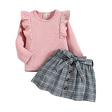 Kid Baby Girl Long Sleeve Plaid Short 2 Pcs Sets