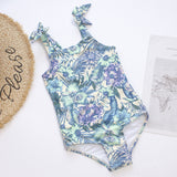 Kid Girl Tropical Print Bowknot Shoulder Strap One-piece Swimsuit