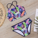 Kid Girls Swimwear Feather Print Binding Bikini Swimsuits