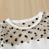 Kid Baby Girls Flocking Polka-dot Bubble Sleeve Stitching Leather 2 Pcs Sets