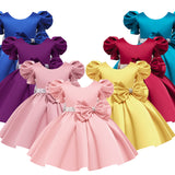Kid Girl Princess Double Shoulder Bubble Sleeve Layer Bow Dresses