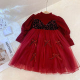 Kid Baby Girl Winter Red Paneled Fake Bow Princess Dress